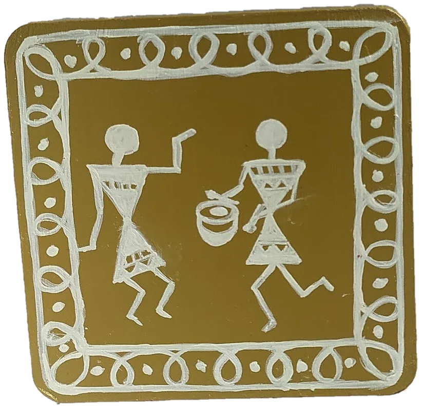 Warli-style tile of two dancing figures, one with a drum, in white on gold.