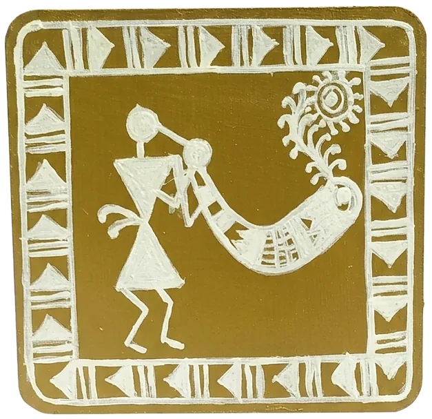 Warli-style tile of a figure playing a shehnai beneath a sunburst, in white on gold.