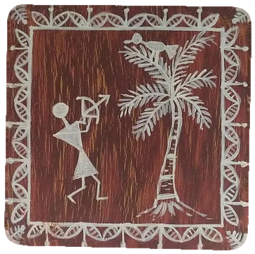 Warli-style tile of a hunter drawing a bow beneath a palm tree, in white on maroon.