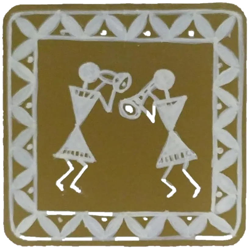 Warli-style tile of two figures playing tarpa horns, in white on earth tones.
