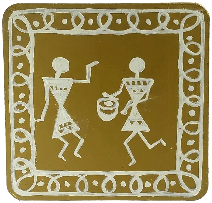 Warli-style tile of two drummers, in white on an earth-toned ground.
