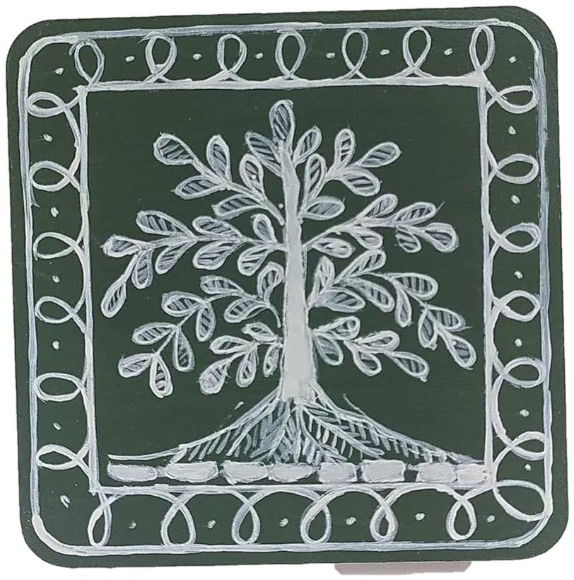 Warli-style tile of a single tree with visible roots and leafy branches, in white on green.