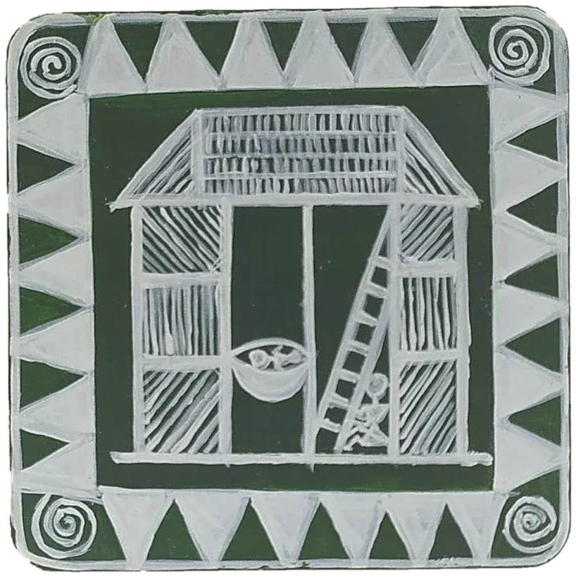 Warli-style tile of a hut with a ladder and hammock, in white on green.