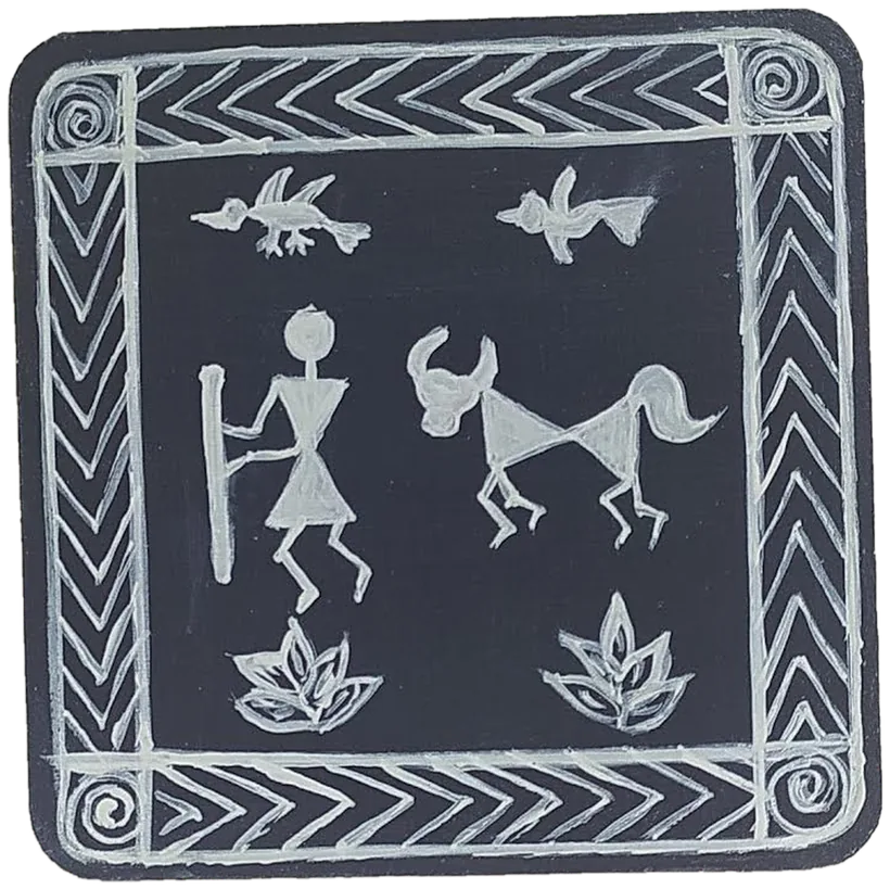 Warli-style tile of a figure standing beside a bull.
