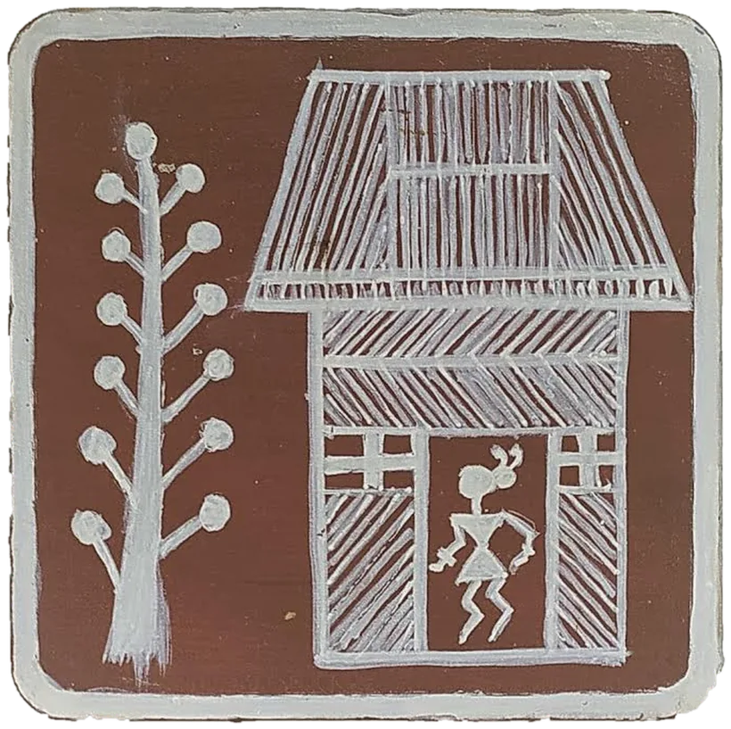 Warli-style tile of a hut with a dancing figure and a tree.