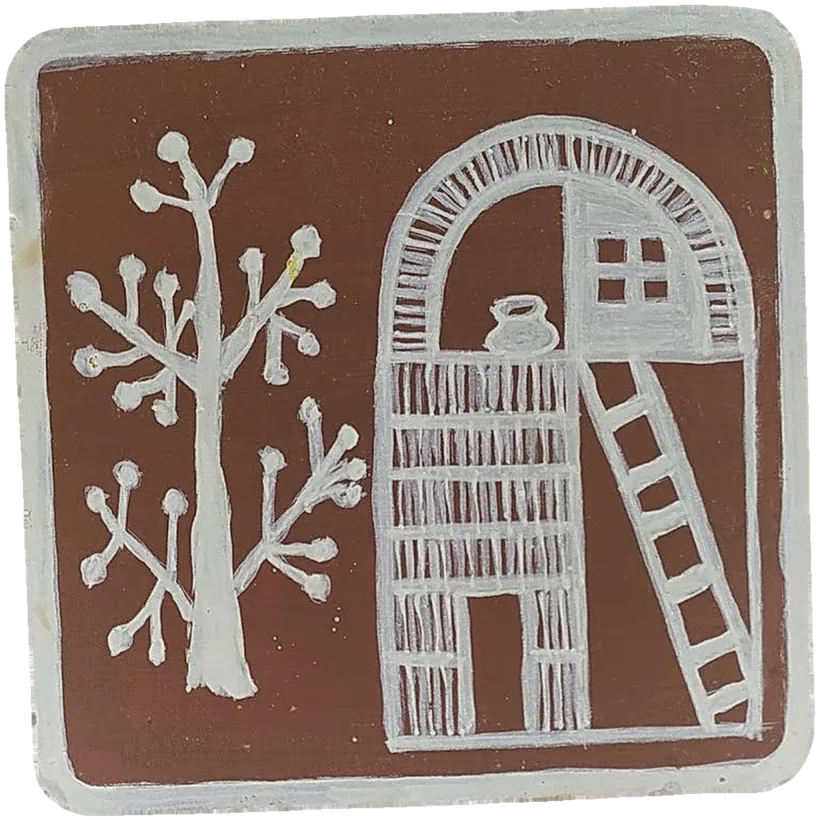 Warli-style tile of a granary with a ladder, bordered by a tree motif.