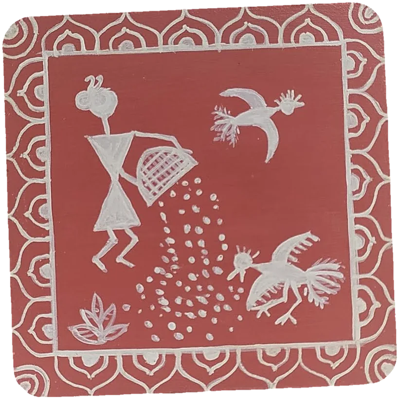 Warli-style tile of a figure scattering seed as rain falls and two birds cross the frame, in white on red.