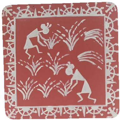 Warli-style tile of two figures sowing a field.