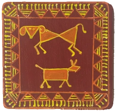 Warli-style tile of two horned animals mid-stride, one with a long curling tail.