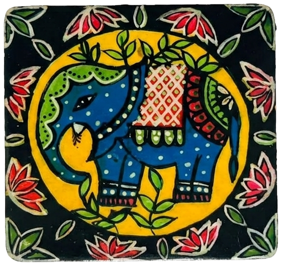 Hand-painted tile of an elephant, decorated with patterned trappings, on black.