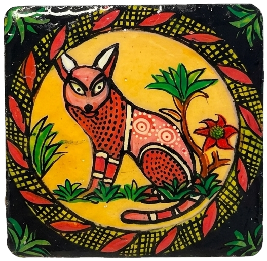 Hand-painted tile of a fox, patterned in warm colour, on black.