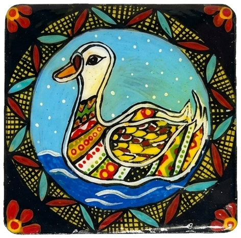 Hand-painted tile of a swan on water, on black.